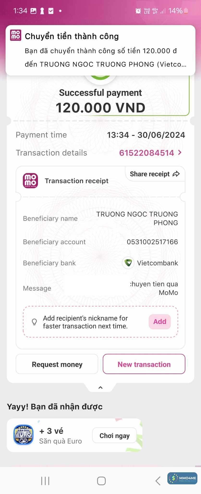 TRUONG NGOC TRUONG PHONG - 0531002517166 - VCB bị cảnh báo lừa đảo, scam tại CheckAdmin