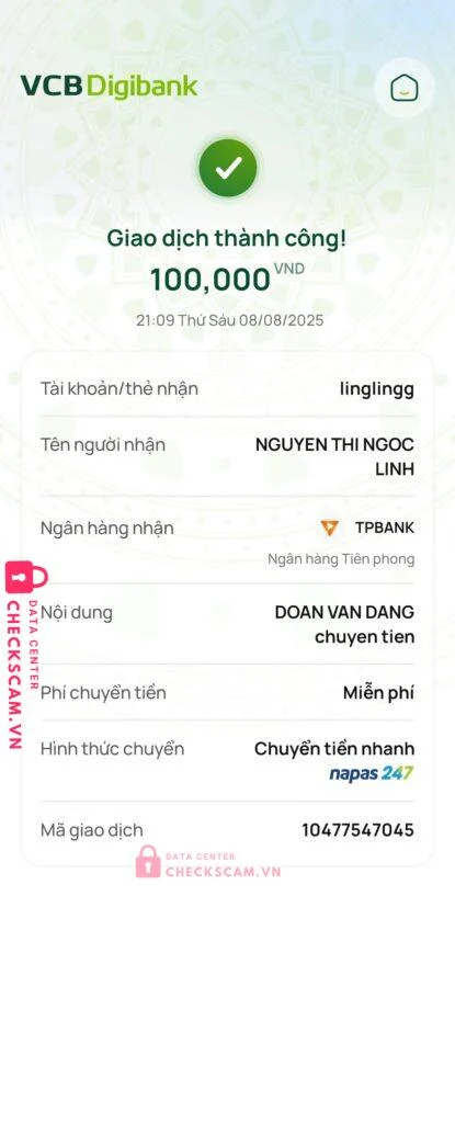 00001385283 NGUYEN THI NGOC LINH TP Bank bị cảnh báo lừa đảo scam