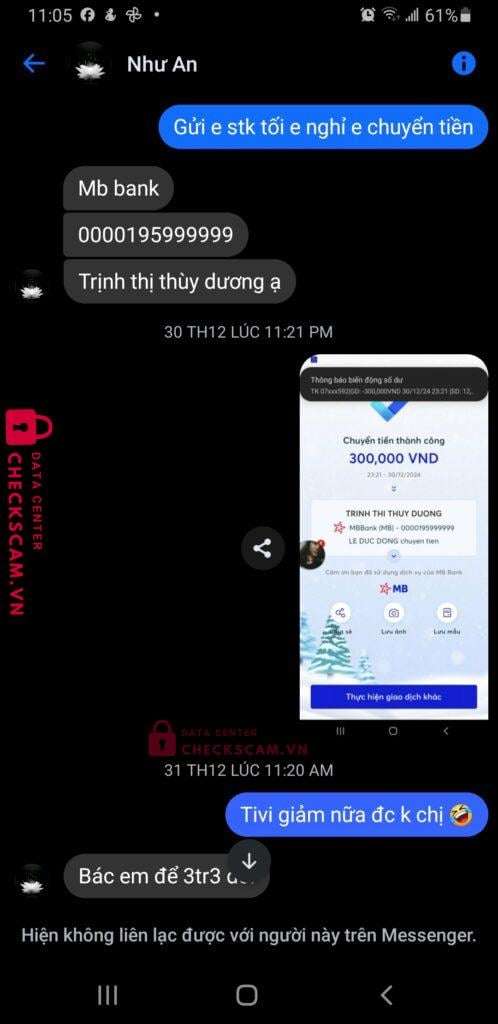 0000195999999 Trinh Thi Thuy Duong MB bị cảnh báo lừa đảo scam