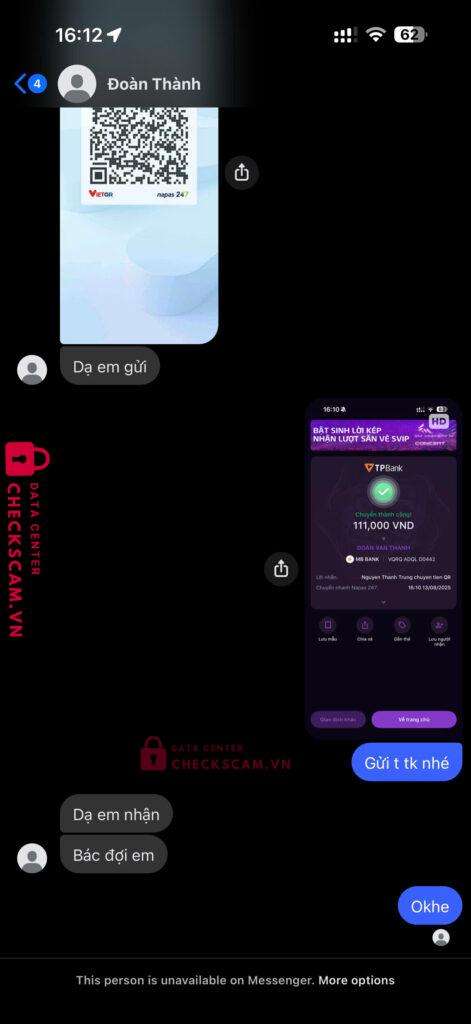 0000880750821 DOAN VAN THANH MB bị cảnh báo lừa đảo scam