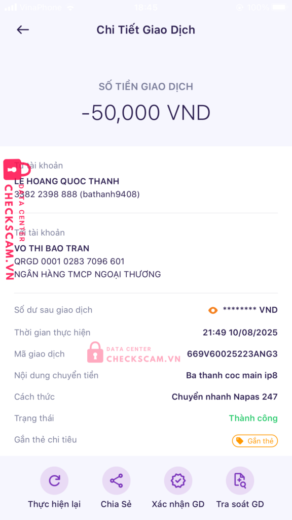 000102837096601 VO THI BAO TRAN VCB bị cảnh báo lừa đảo scam