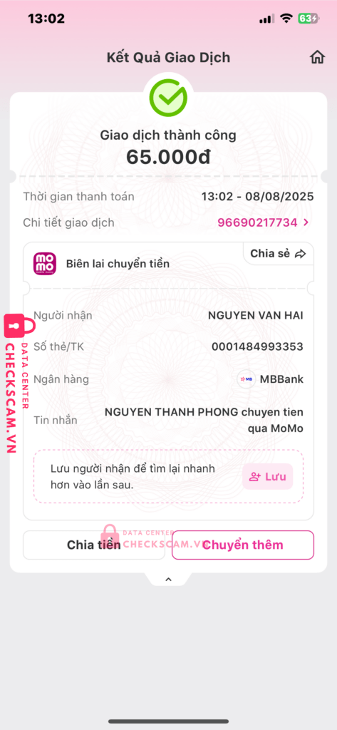 0001484993353 NGUYEN VAN HAI MB bị cảnh báo lừa đảo scam