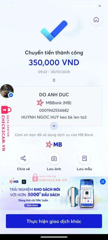 0001942554682 DO ANH DUC MB BANK bị cảnh báo lừa đảo scam