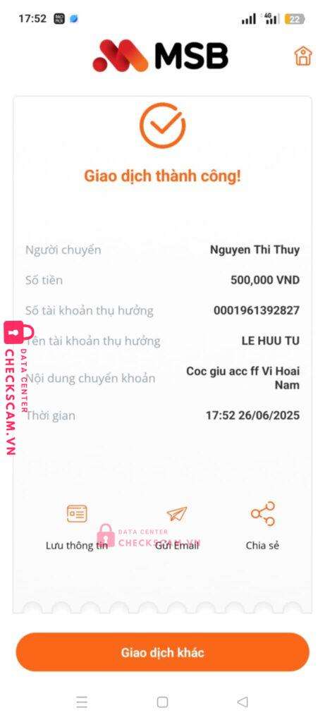 0001961392827 LE HUU TU MB bị cảnh báo lừa đảo scam