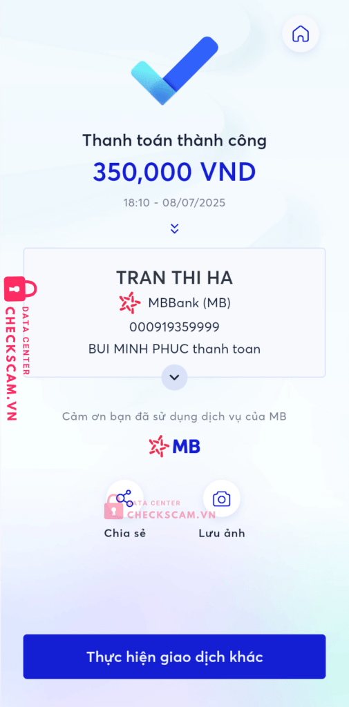 000919359999 TRAN THI HA MB bị cảnh báo lừa đảo scam