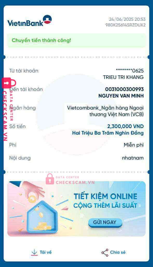 0031000300993 NGUYEN VAN MINH VCB bị cảnh báo lừa đảo scam