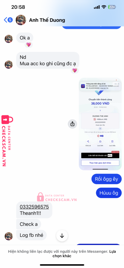 00332599999 DUONG THE ANH MB bị cảnh báo lừa đảo scam