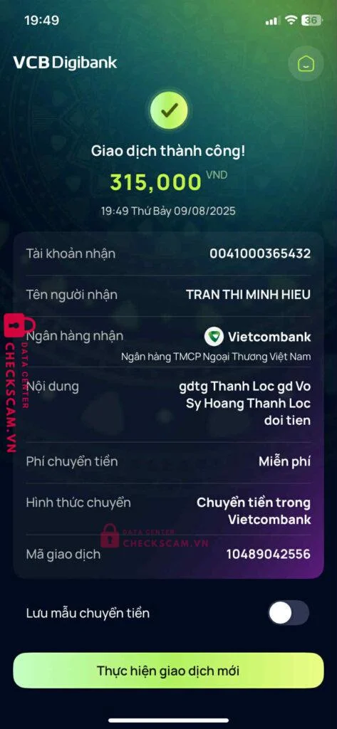 0041000365432 TRAN THI MINH HIEU VCB bị cảnh báo lừa đảo scam