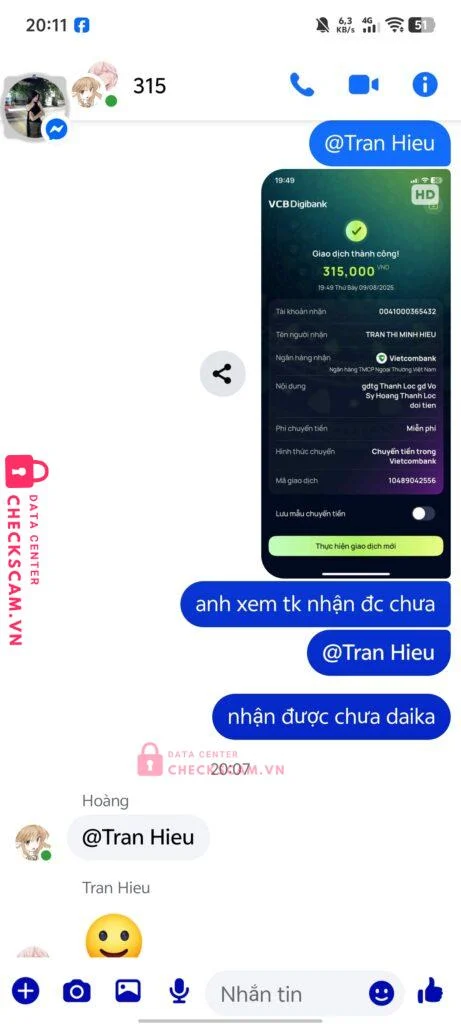 0041000365432 TRAN THI MINH HIEU VCB bị cảnh báo lừa đảo scam