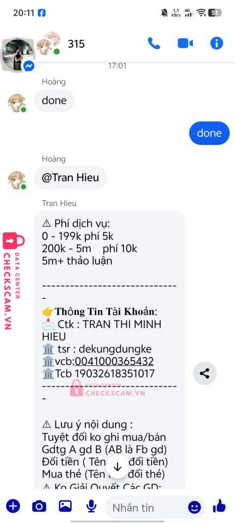 0041000365432 TRAN THI MINH HIEU VCB bị cảnh báo lừa đảo scam