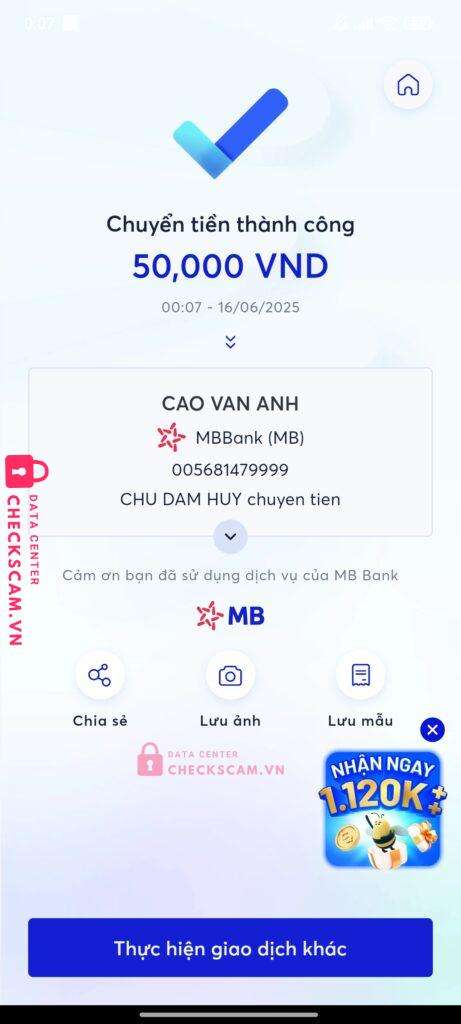 005681479999 CAO VAN ANH MB bị cảnh báo lừa đảo scam