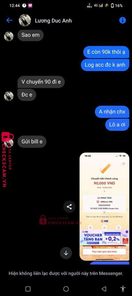 00621249999 LE MINH TIEN MB bị cảnh báo lừa đảo scam