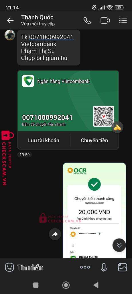 0071000992041 PHAM THI SU VCB bị cảnh báo lừa đảo scam