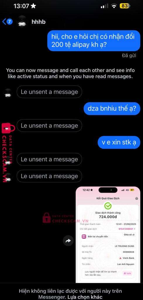 00996928 LE TRUONG DUNG VietABank bị cảnh báo lừa đảo scam