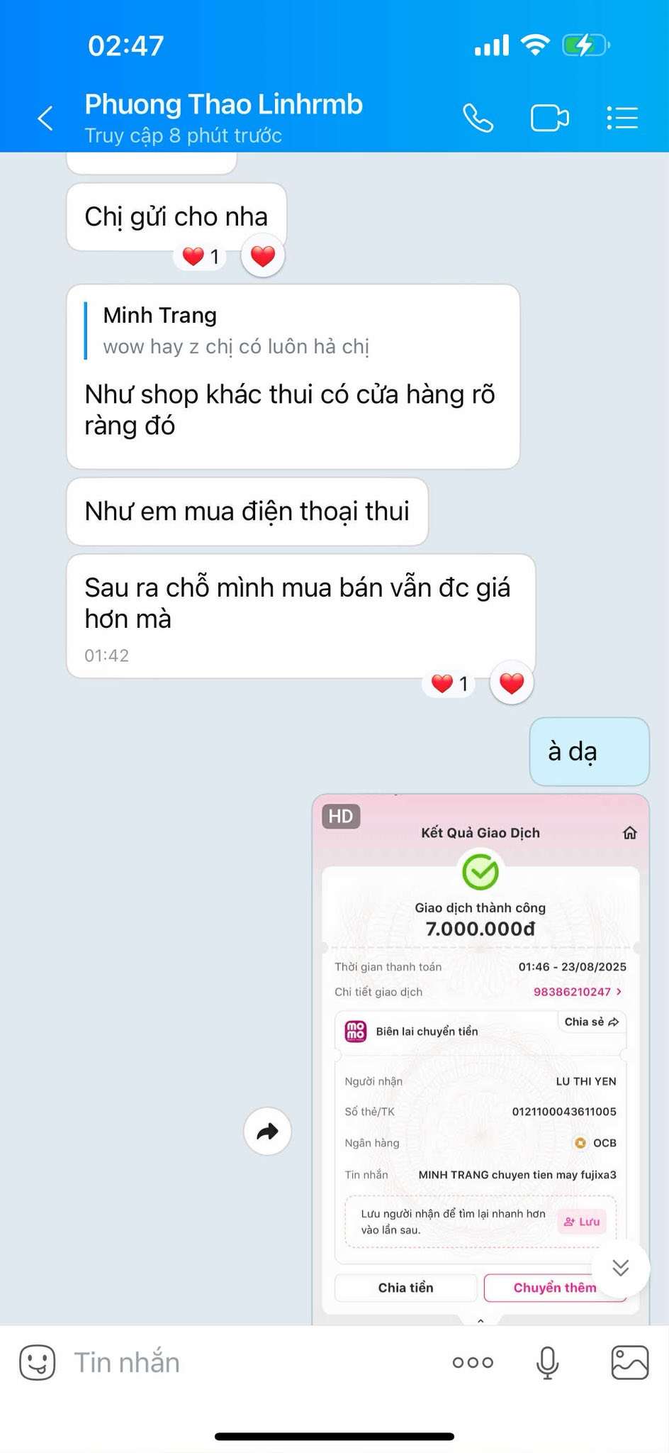 0121100043611005 Lu Thi Yen OCB bị cảnh báo lừa đảo scam