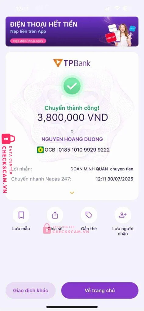 0185101099299222 NGUYEN HOANG DUONG OCB bị cảnh báo lừa đảo scam