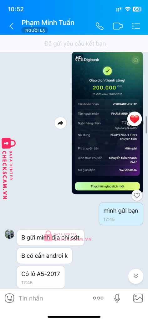 0200912686789 Pham Minh Tuan MB bị cảnh báo lừa đảo scam
