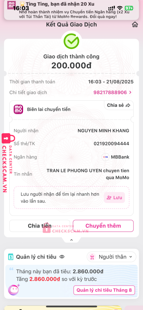 021920094444 NGUYEN MINH KHANG MB bị cảnh báo lừa đảo scam