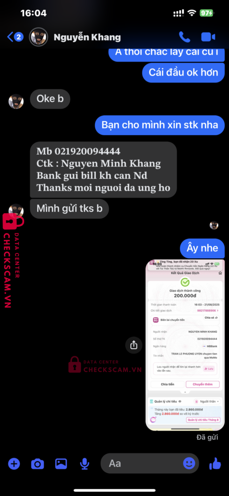 021920094444 NGUYEN MINH KHANG MB bị cảnh báo lừa đảo scam