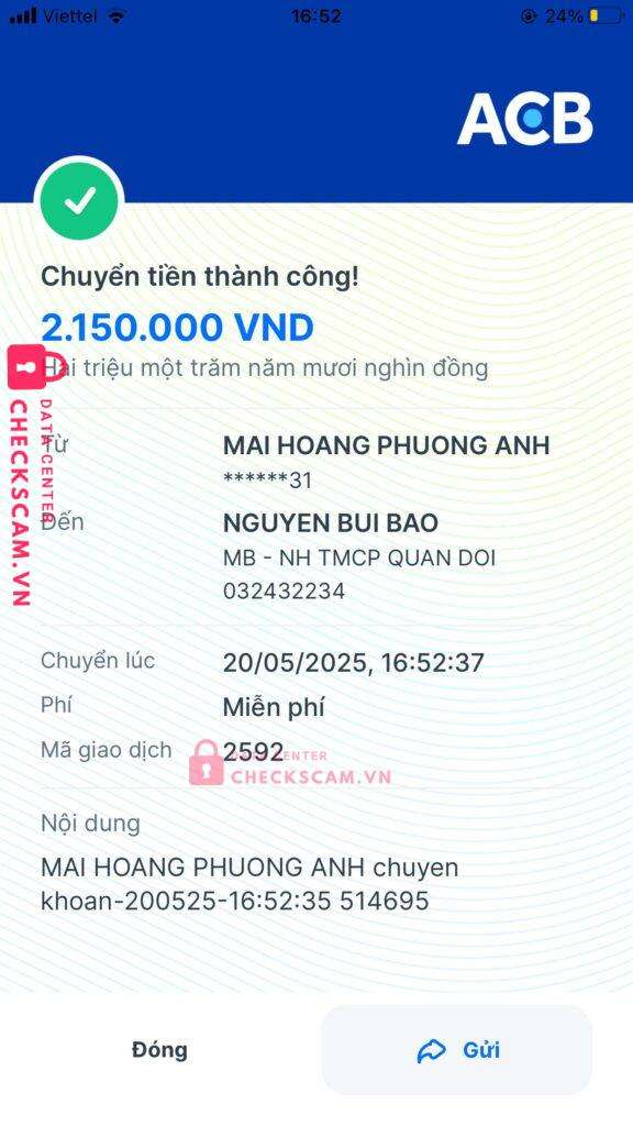032432234 Nguyen Bui Bao MB bị cảnh báo lừa đảo scam
