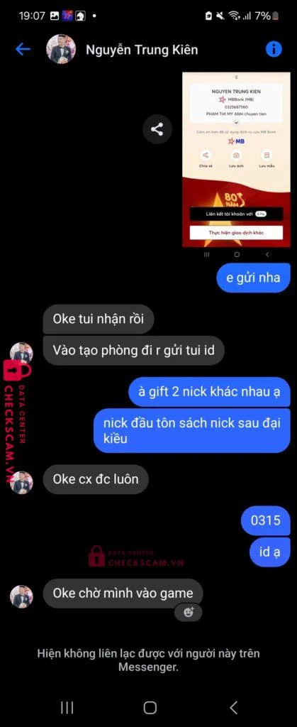 0325687560 Nguyen Trung Kien MB bị cảnh báo lừa đảo scam