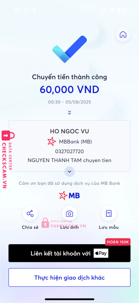 0327027720 HO NGOC VU MB bị cảnh báo lừa đảo scam