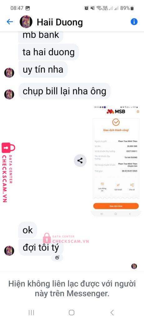 0327135011 TA HAI DUONG MB bị cảnh báo lừa đảo scam