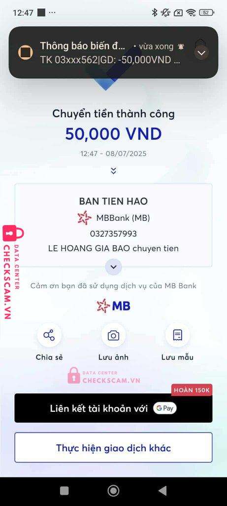 0327357993 BAN TIEN HAO MB bị cảnh báo lừa đảo scam