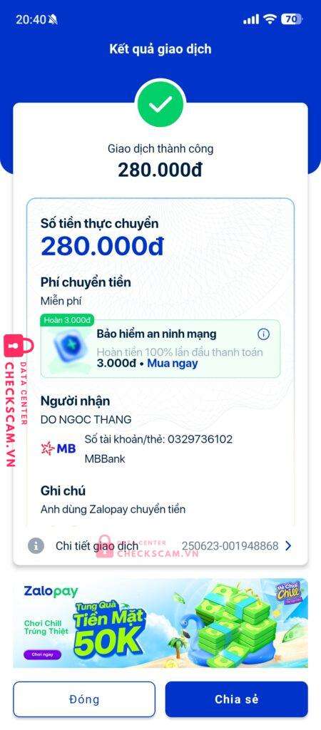 0329736102 DO NGOC THANG MB bị cảnh báo lừa đảo scam