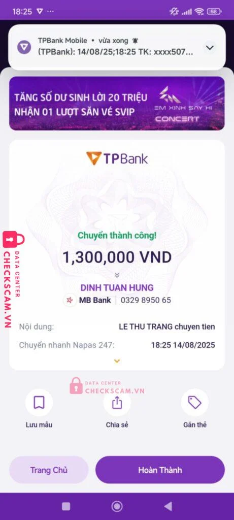 0329895065 DINH TUAN HUNG MB bị cảnh báo lừa đảo scam
