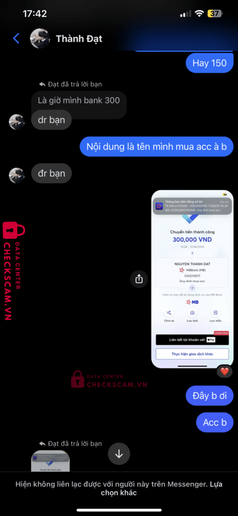 0332218217 NGUYEN THANH DAT MB bị cảnh báo lừa đảo scam