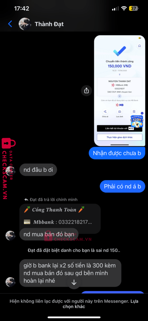0332218217 NGUYEN THANH DAT MB bị cảnh báo lừa đảo scam