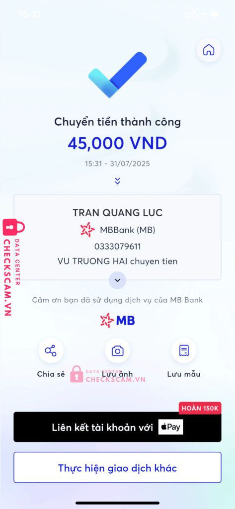 0333079611 TRAN QUANG LUC MB bị cảnh báo lừa đảo scam
