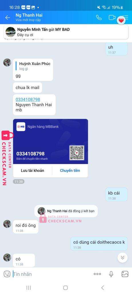 0334108798 NGUYEN THANH HAI MB bị cảnh báo lừa đảo scam