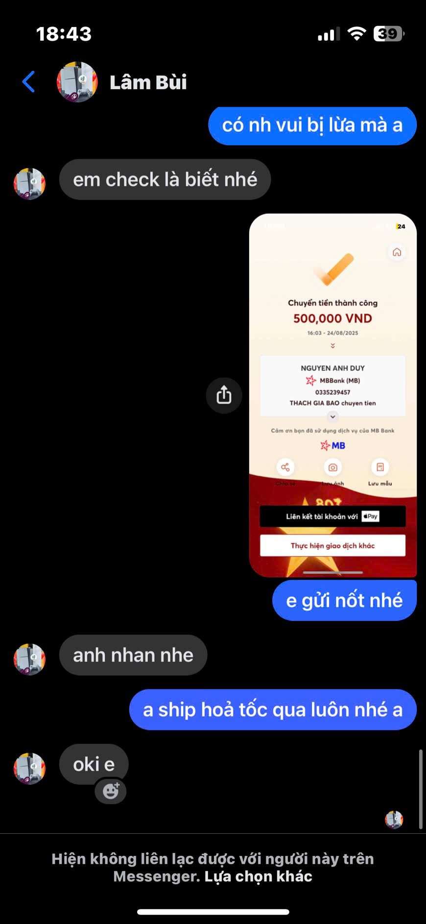 0335239457 Nguyen Anh Duy MB bị cảnh báo lừa đảo scam
