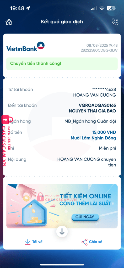 0336802550 NGUYEN THAI GIA BAO MB bị cảnh báo lừa đảo scam