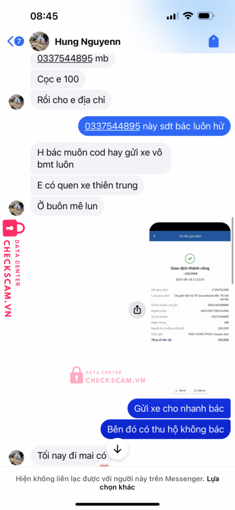 0337544895 NGUYEN TIEN HUNG MB bị cảnh báo lừa đảo scam