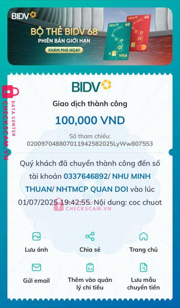 0337646892 NHU MINH THUAN MB bị cảnh báo lừa đảo scam