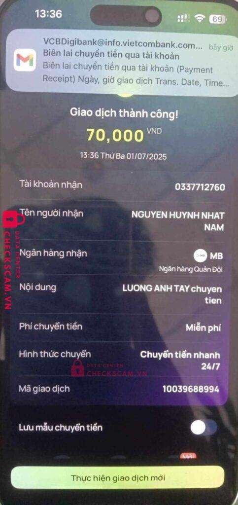 0337712760 NGUYEN HUYNH NHAT NAM MB bị cảnh báo lừa đảo scam