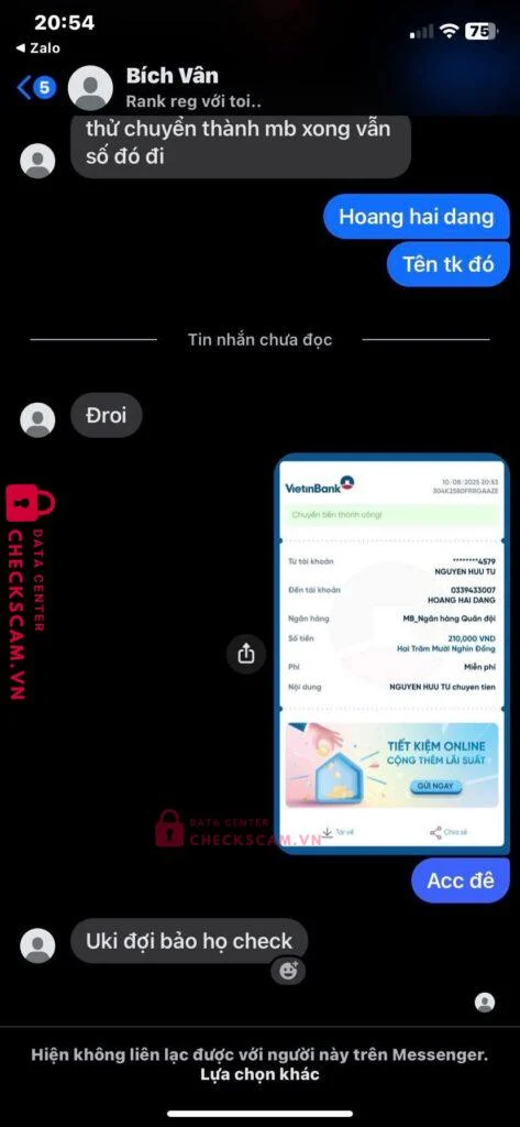 0339433007 HOANG HAI DANG MB bị cảnh báo lừa đảo scam