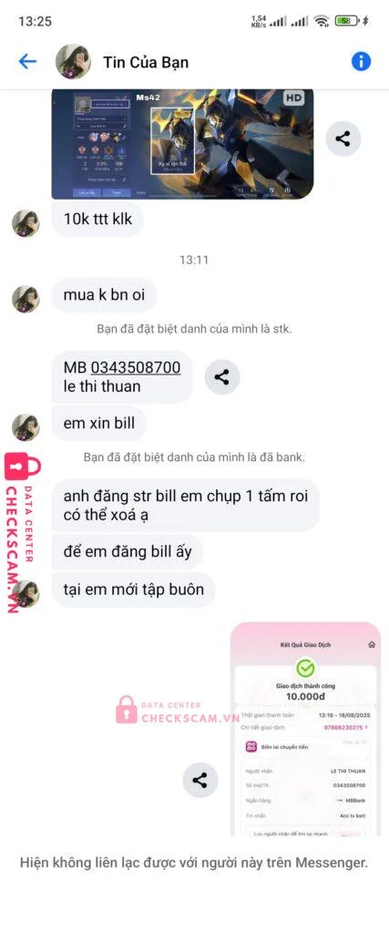 0343508700 LE THI THUAN MB bị cảnh báo lừa đảo scam