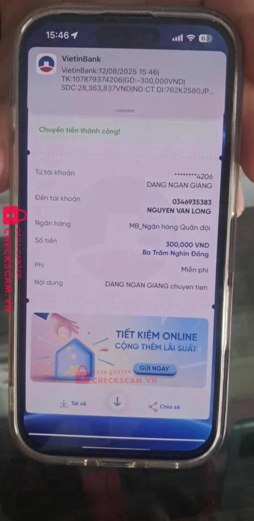 0346935383 NGUYEN VAN LONG MB bị cảnh báo lừa đảo scam