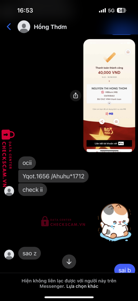 0347618463 NGUYEN THI HONG THOM MB bị cảnh báo lừa đảo scam