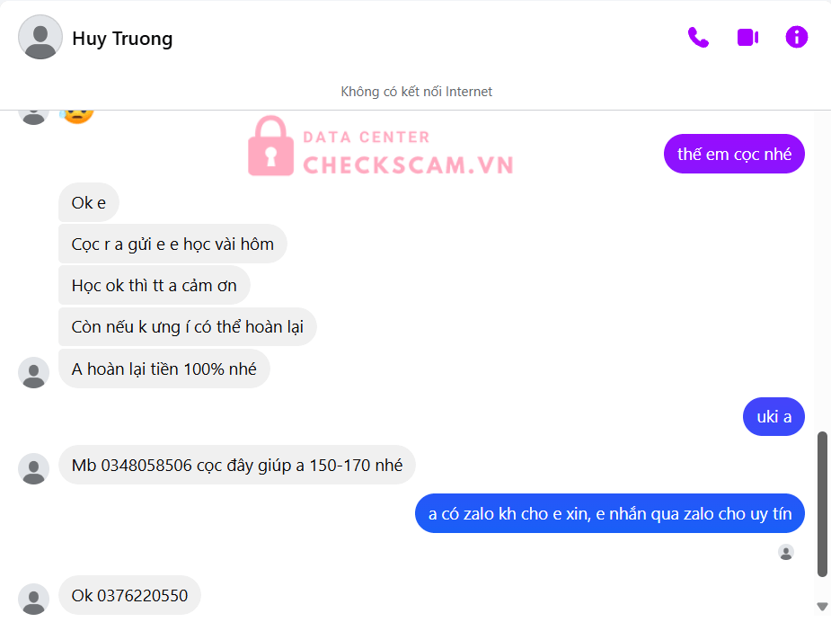 0348058506 PHAN HUY TRUONG MB bị cảnh báo lừa đảo scam