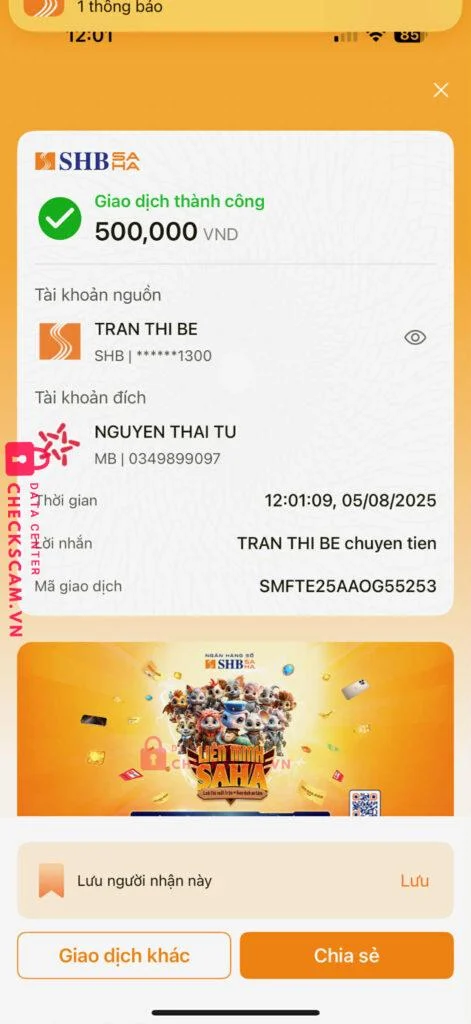 0349899097 NGUYEN THAI TU MB bị cảnh báo lừa đảo scam