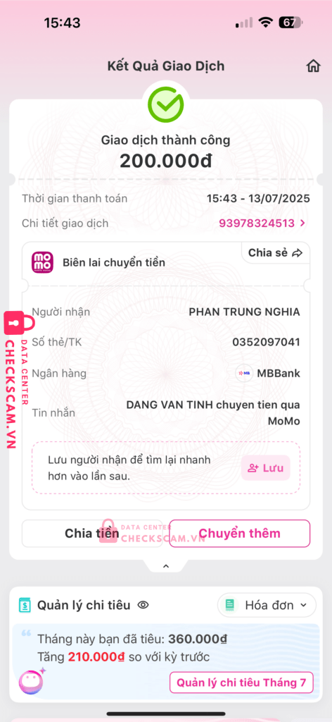 0352097041 PHAN TRUNG NGHIA MB bị cảnh báo lừa đảo scam