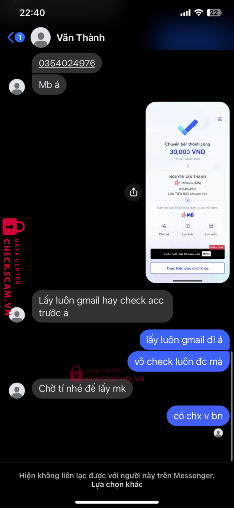 0354024976 NGUYEN VAN THANH MB bị cảnh báo lừa đảo scam