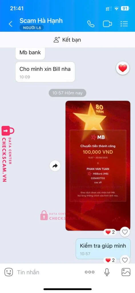 0356907703 PHAN VAN TUAN MB bị cảnh báo lừa đảo scam