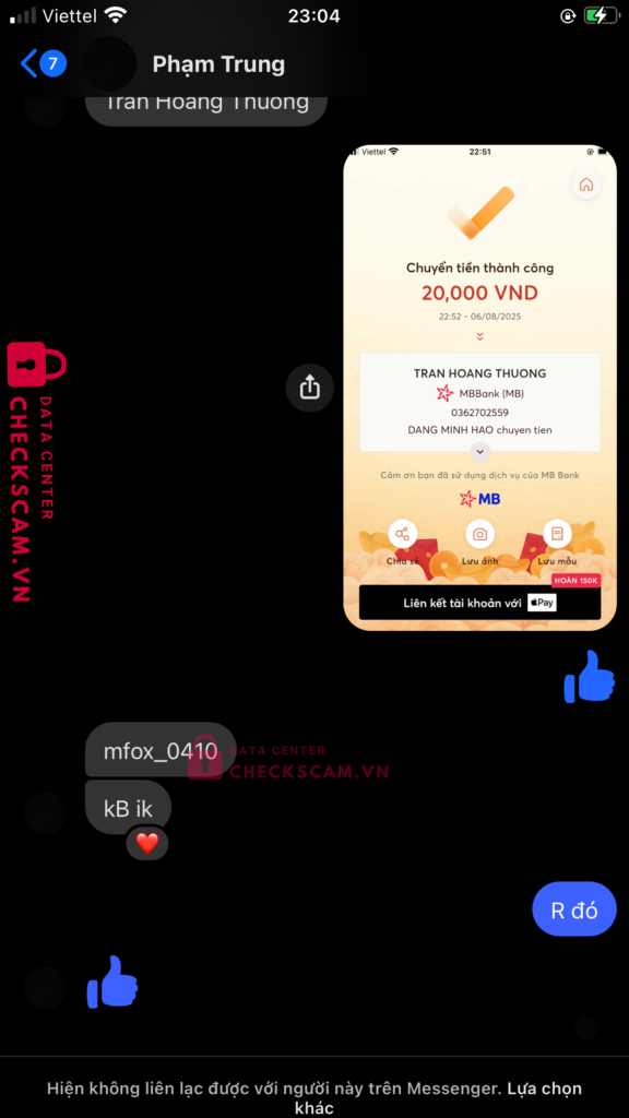 0362702559 TRAN HOANG THUONG MB bị cảnh báo lừa đảo scam