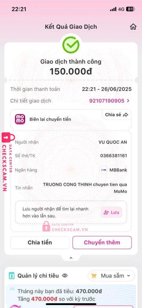 0366381161 VU QUOC AN MB bị cảnh báo lừa đảo scam